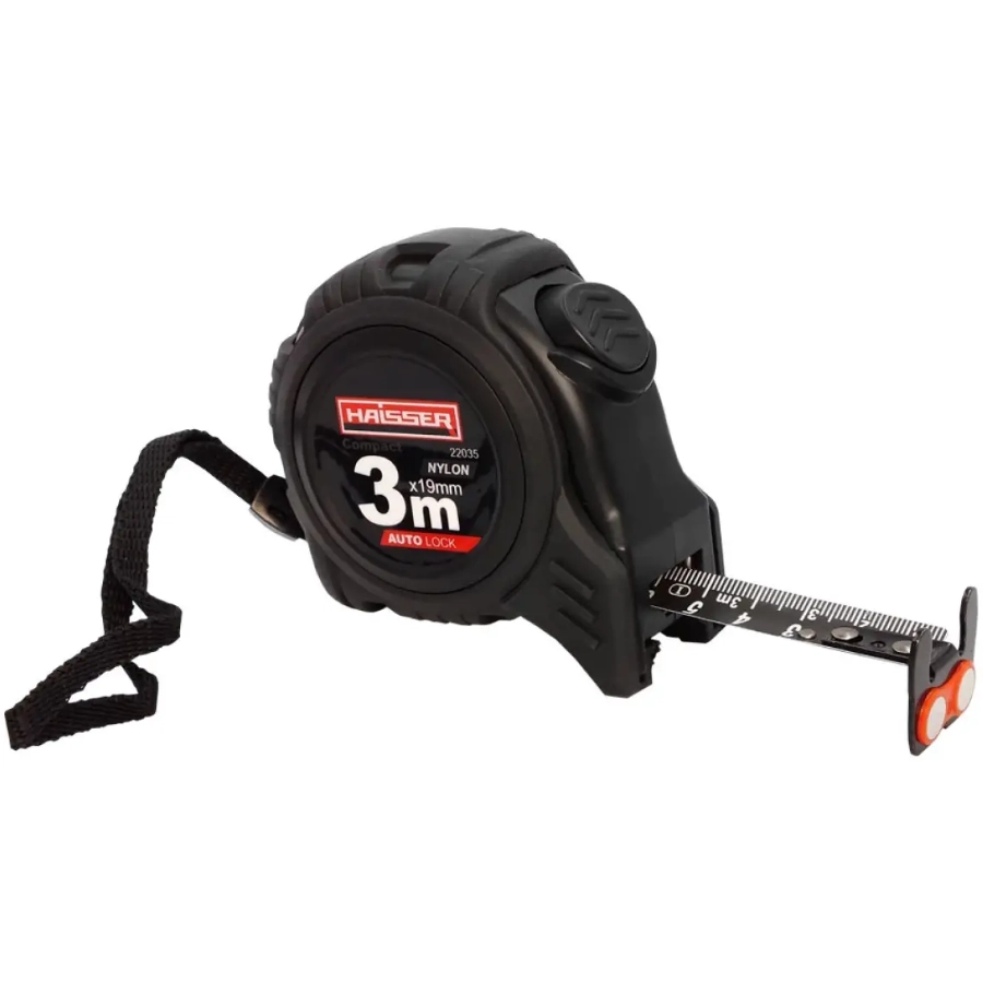 Рулетка HAISSER 3 м x 19 мм нейлонова 2-х стороння з магнітом та автостопом 22035 Рулетка HAISSER 3 м x 19 мм нейлонова 2-х стороння з магнітом та автостопом 22035